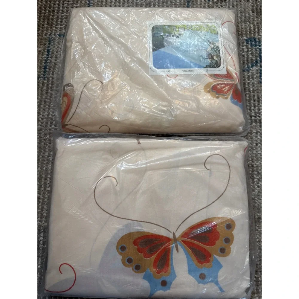 Vintage Martex Volante Butterfly King Flat & Cal King Fitted Sheet Set NOS 70s